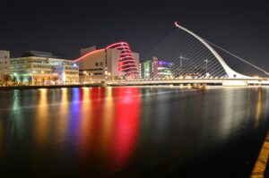 Dublin by night where you can see the Liffey river.