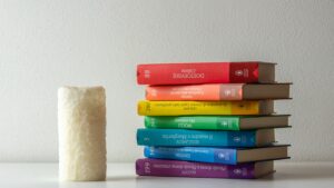 Books in rainbow color.
