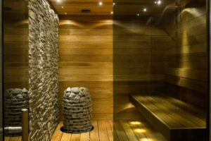 Th interior of a sauna.