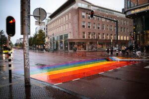 A rainbow flag in Amsterdam Street during Amesterdam Pride.